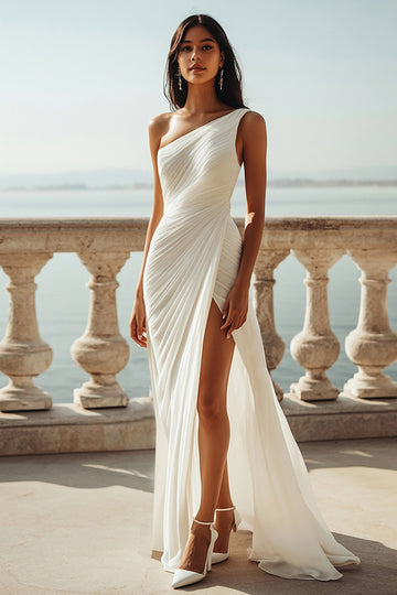 Ivory One Shoulder Maxi Sheath Chiffon Beach Engagement Dress with Slit